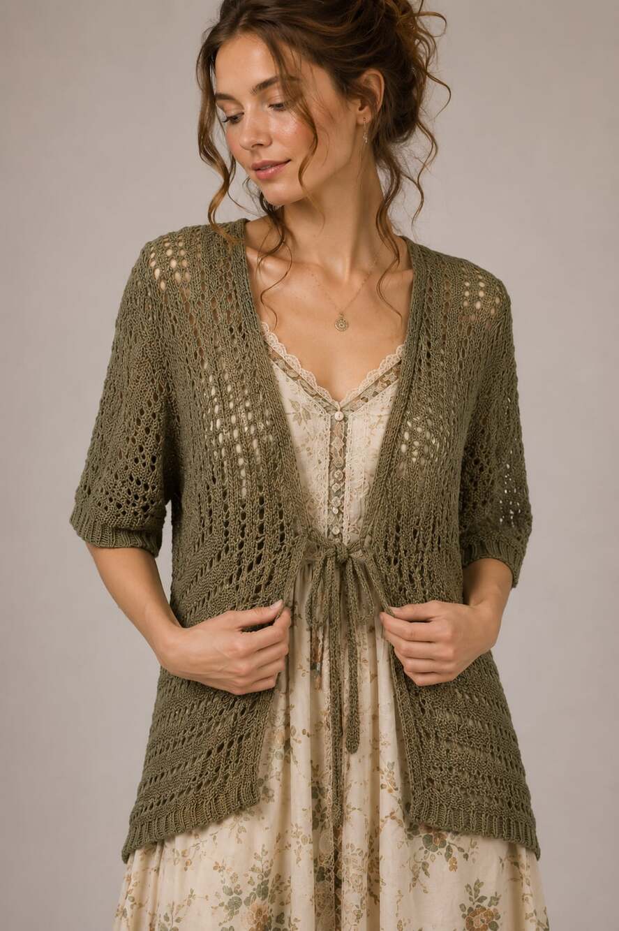 Cato Olive Green Open Knit Boho Tie Front Cardigan Festival Lagenlook Top L